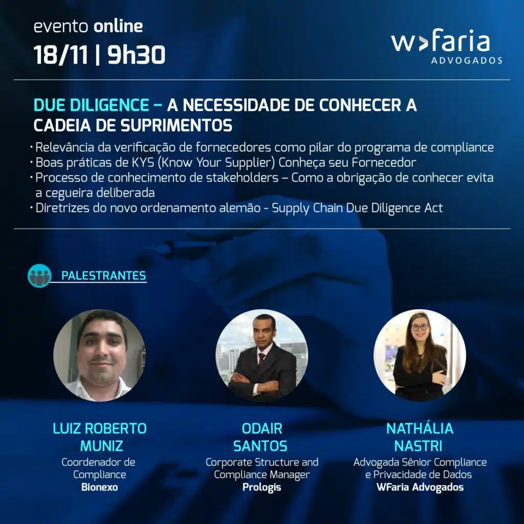 Verificação de fornecedores nos programas de compliance serão analisadas nesta sexta, 9h30, em webinar de WFaria Advogados 1 wfaria 18 11